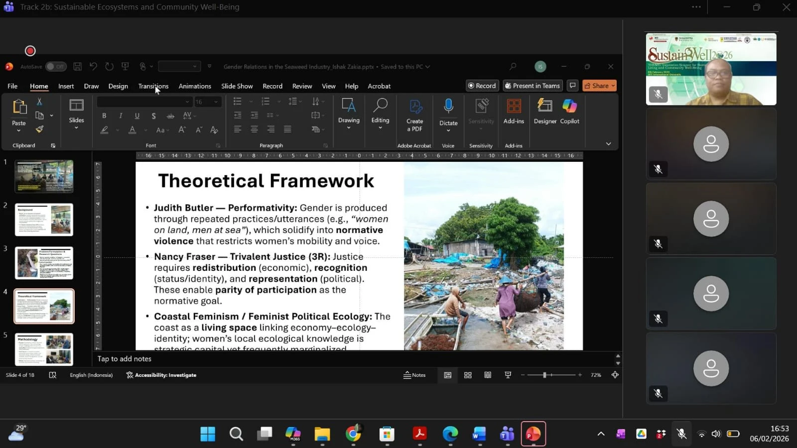 Dr. Ishak Salim mempresentasikan kerangka teoretis riset perempuan pesisir Takalar dalam 1st International Conference on Sustainable Living and Community Wellness (SustainWell 2026) di INTI International University, Malaysia, dengan menekankan pendekatan feminisme kritis berbasis teori Judith Butler dan Nancy Fraser dalam membaca ketimpangan gender pada rantai nilai rumput laut.